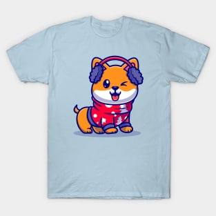 Cute Shiba Inu Dog In Winter Season Cartoon T-Shirt